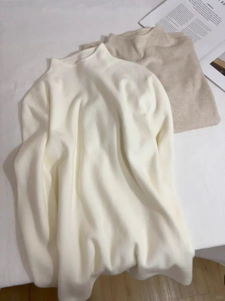 Cashmere Long Sleeve Tee - Women's Soft Cotton Stand-Up Collar Top for Autumn Winter - ZOOMNSTORE