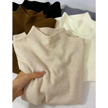Cashmere Long Sleeve Tee - Women's Soft Cotton Stand-Up Collar Top for Autumn Winter - ZOOMNSTORE