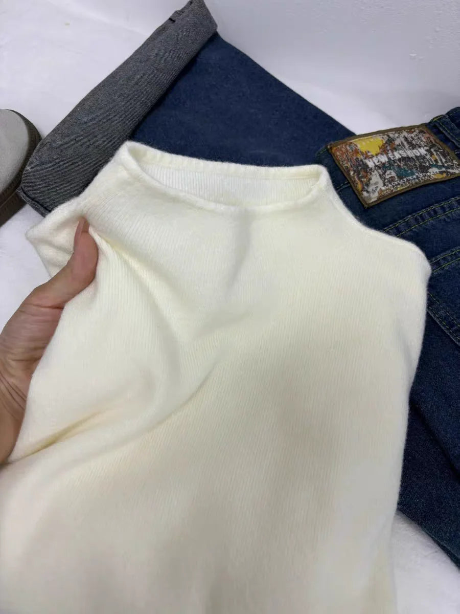 Cashmere Long Sleeve Tee - Women's Soft Cotton Stand-Up Collar Top for Autumn Winter - ZOOMNSTORE