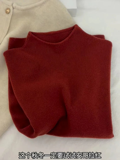 Cashmere Long Sleeve Tee - Women's Soft Cotton Stand-Up Collar Top for Autumn Winter - ZOOMNSTORE