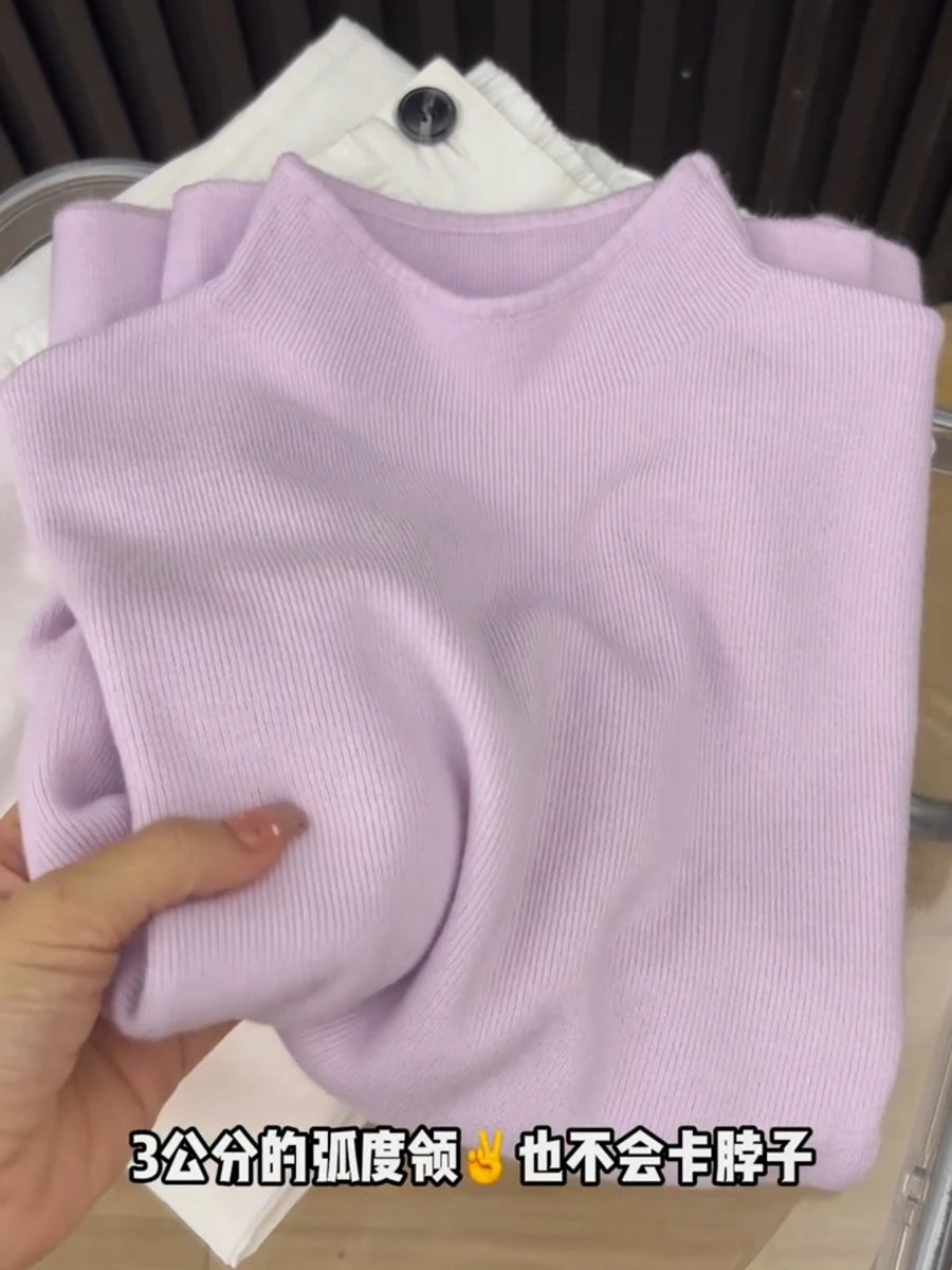 Cashmere Long Sleeve Tee - Women's Soft Cotton Stand-Up Collar Top for Autumn Winter - ZOOMNSTORE