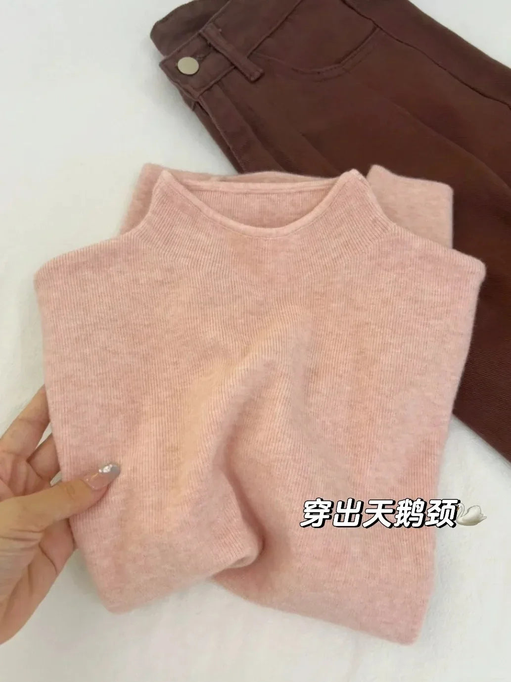 Cashmere Long Sleeve Tee - Women's Soft Cotton Stand-Up Collar Top for Autumn Winter - ZOOMNSTORE