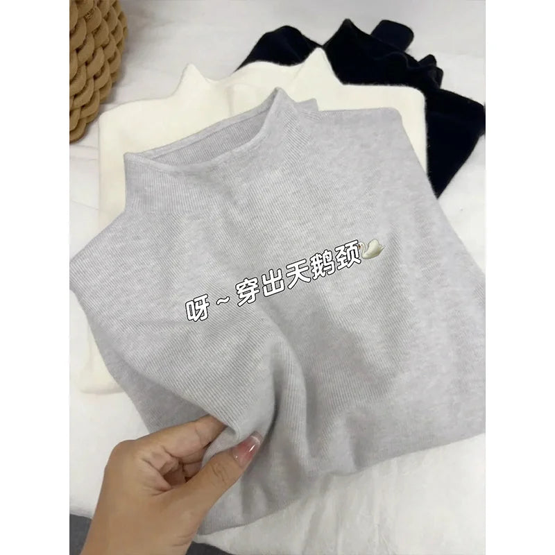 Cashmere Long Sleeve Tee - Women's Soft Cotton Stand-Up Collar Top for Autumn Winter - ZOOMNSTORE
