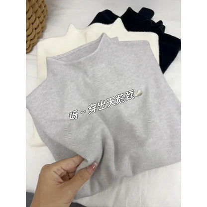 Cashmere Long Sleeve Tee - Women's Soft Cotton Stand-Up Collar Top for Autumn Winter - ZOOMNSTORE