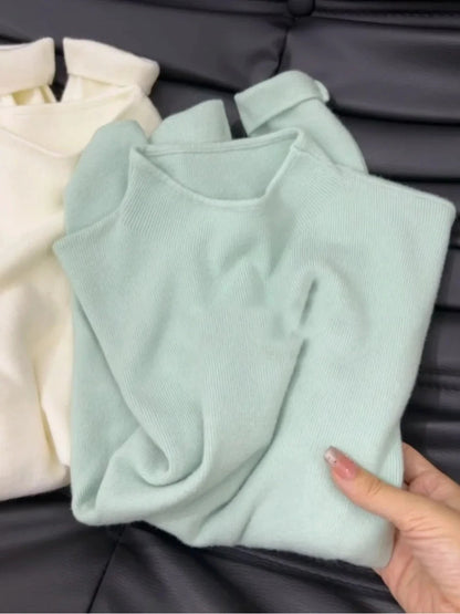 Cashmere Long Sleeve Tee - Women's Soft Cotton Stand-Up Collar Top for Autumn Winter - ZOOMNSTORE