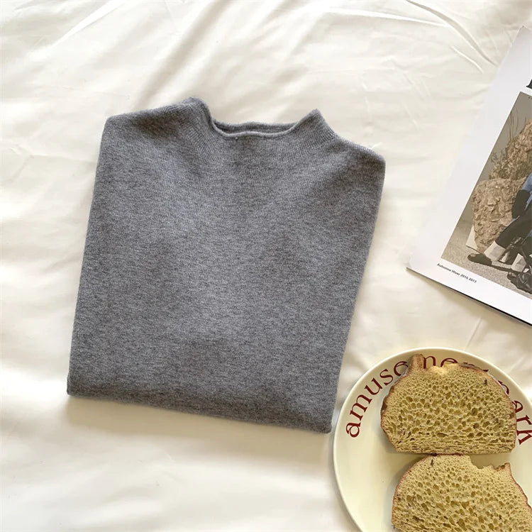 Cashmere Long Sleeve Tee - Women's Soft Cotton Stand-Up Collar Top for Autumn Winter - ZOOMNSTORE