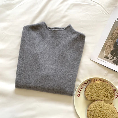 Cashmere Long Sleeve Tee - Women's Soft Cotton Stand-Up Collar Top for Autumn Winter - ZOOMNSTORE