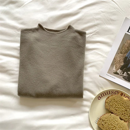 Cashmere Long Sleeve Tee - Women's Soft Cotton Stand-Up Collar Top for Autumn Winter - ZOOMNSTORE