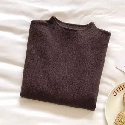 Cashmere Long Sleeve Tee - Women's Soft Cotton Stand-Up Collar Top for Autumn Winter - ZOOMNSTORE
