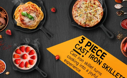 Cast Iron Skillet Set – 3PCS Heavy Duty Pans, Pre-Seasoned Non-Stick Surface - ZOOMNSTORE