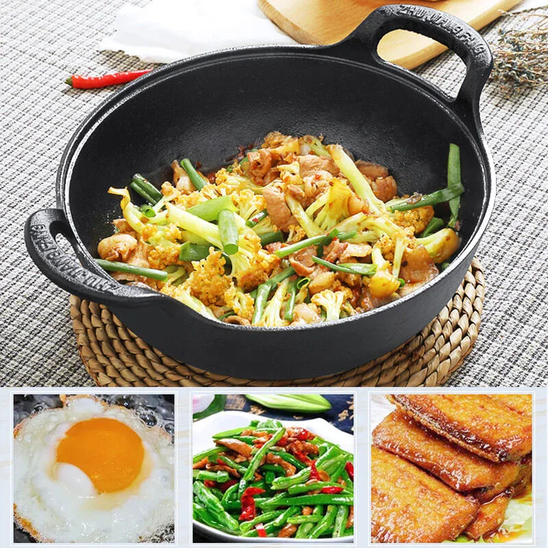 Cast Iron Non-Stick Wok - Uncoated Casserole Skillet Cookware - ZOOMNSTORE