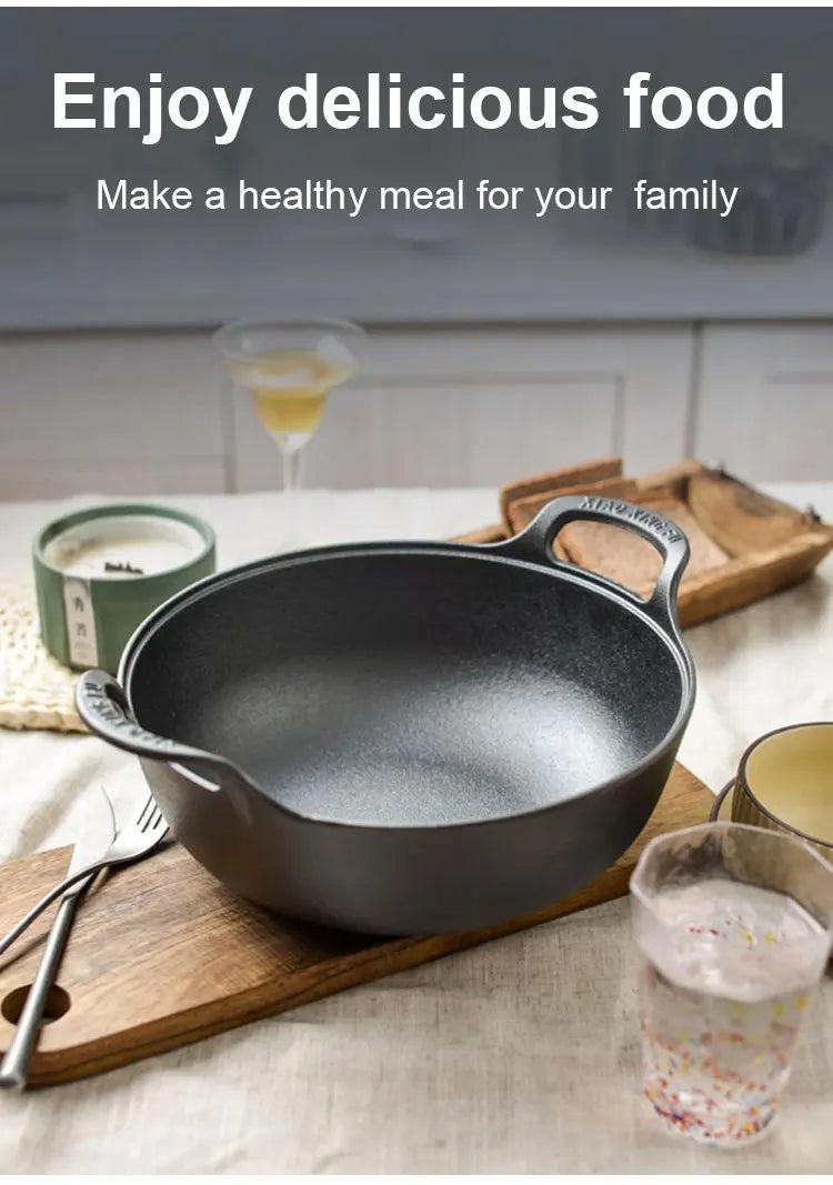 Cast Iron Non-Stick Wok - Uncoated Casserole Skillet Cookware - ZOOMNSTORE