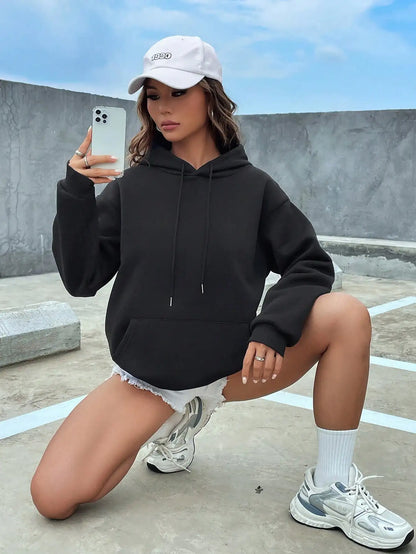 Casual Solid Color Hoodie for Women - Fleece Pocket Pullover - ZOOMNSTORE