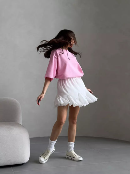 Casual Oversized Cotton T-shirt for Women - Pink O-neck Aesthetic Top - ZOOMNSTORE