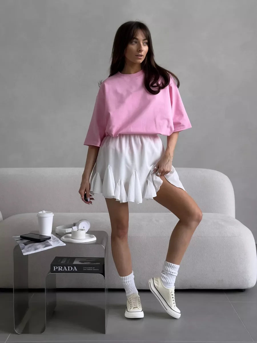 Casual Oversized Cotton T-shirt for Women - Pink O-neck Aesthetic Top - ZOOMNSTORE