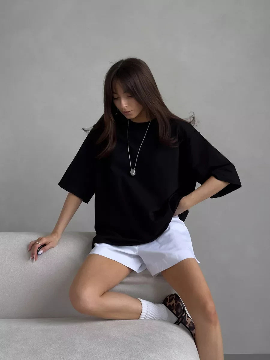 Casual Oversized Cotton T-shirt for Women - Pink O-neck Aesthetic Top - ZOOMNSTORE