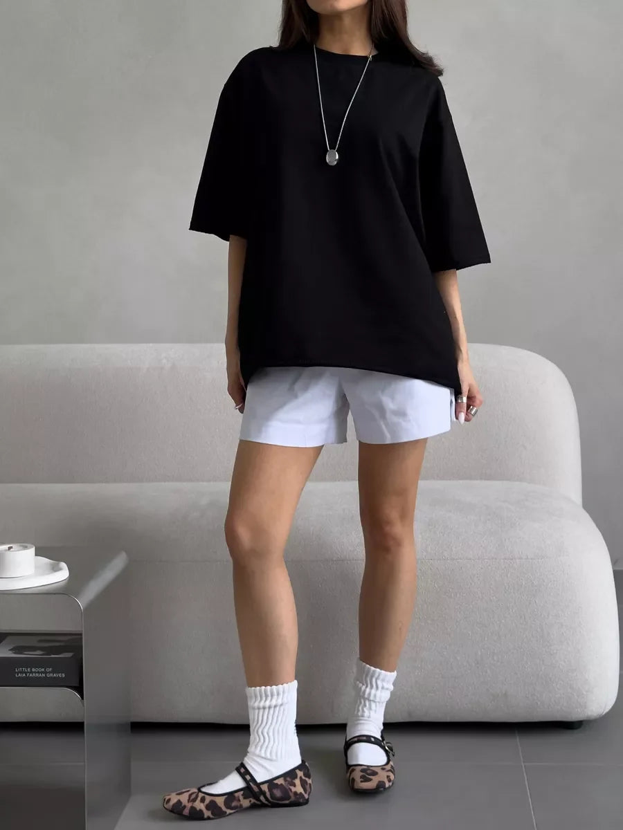 Casual Oversized Cotton T-shirt for Women - Pink O-neck Aesthetic Top - ZOOMNSTORE
