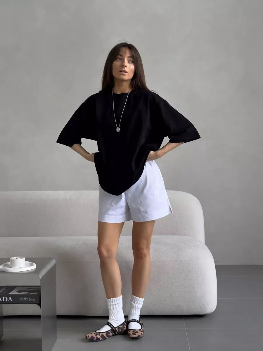 Casual Oversized Cotton T-shirt for Women - Pink O-neck Aesthetic Top - ZOOMNSTORE
