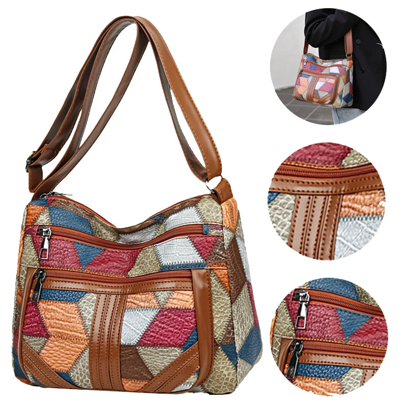 Casual Shoulder Bag - PU Leather Patchwork Crossbody Bag | Unisex Simple Design Tote - ZOOMNSTORE