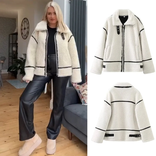 Casual Womens Fur Jacket - Plush Lamb Wool Contrast Color Warm One-Piece - ZOOMNSTORE