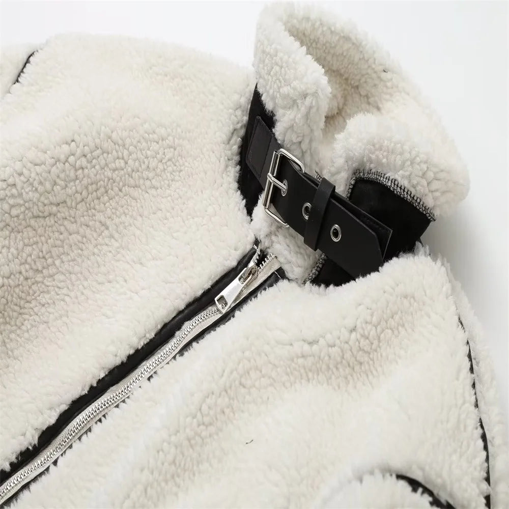 Casual Womens Fur Jacket - Plush Lamb Wool Contrast Color Warm One-Piece - ZOOMNSTORE