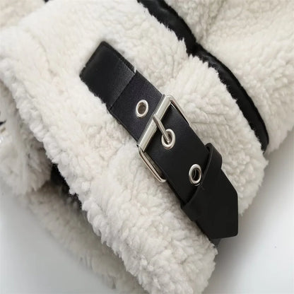 Casual Womens Fur Jacket - Plush Lamb Wool Contrast Color Warm One-Piece - ZOOMNSTORE
