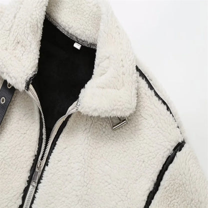 Casual Womens Fur Jacket - Plush Lamb Wool Contrast Color Warm One-Piece - ZOOMNSTORE