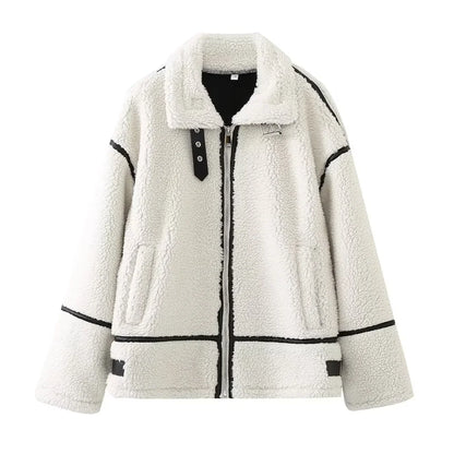 Casual Womens Fur Jacket - Plush Lamb Wool Contrast Color Warm One-Piece - ZOOMNSTORE