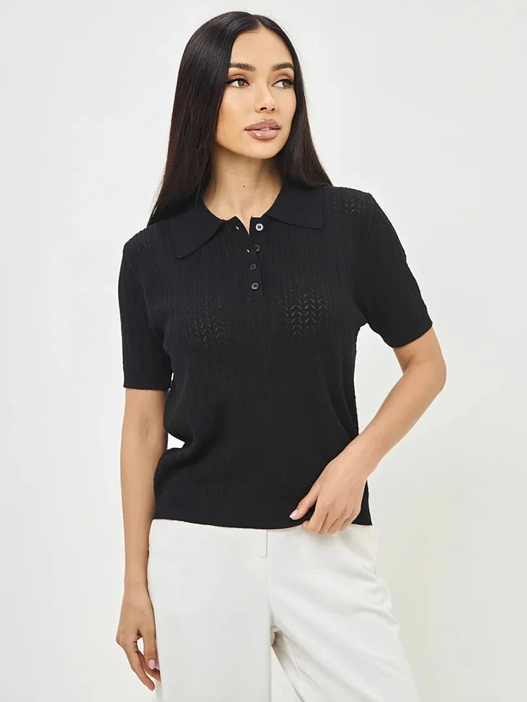 Casual Womens Short Sleeve Knitted T-Shirt - Summer Lapel Pullover Top - ZOOMNSTORE
