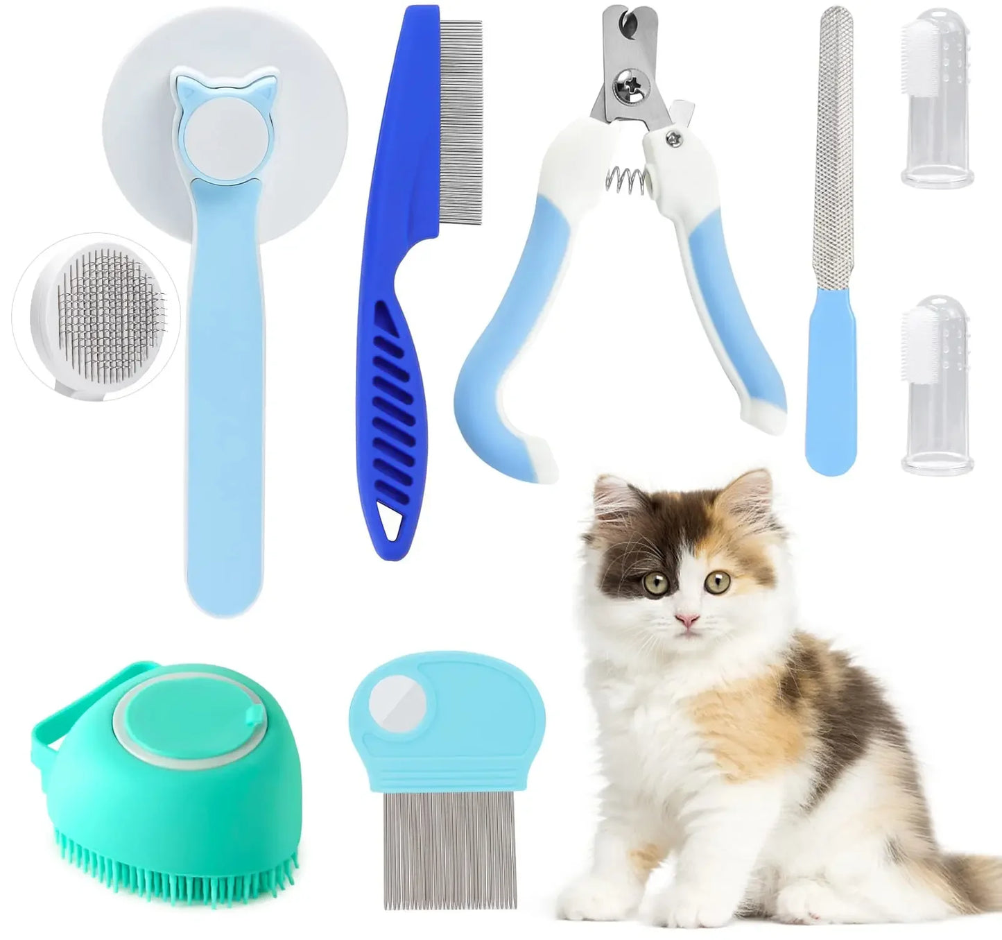 Cat Brush Grooming Kit - 8Pcs Pet Grooming Tools with Flea Comb & Silicone Toothbrush - ZOOMNSTORE