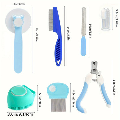 Cat Brush Grooming Kit - 8Pcs Pet Grooming Tools with Flea Comb & Silicone Toothbrush - ZOOMNSTORE