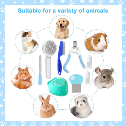 Cat Brush Grooming Kit - 8Pcs Pet Grooming Tools with Flea Comb & Silicone Toothbrush - ZOOMNSTORE