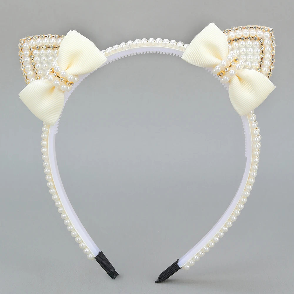 Cat Ear Headbands Sweet Cute Ears Elegant Pearl Bow Hairband For Girls Sweet Head Band Children Kid Hair Hoop Accessories Tiara - ZOOMNSTORE