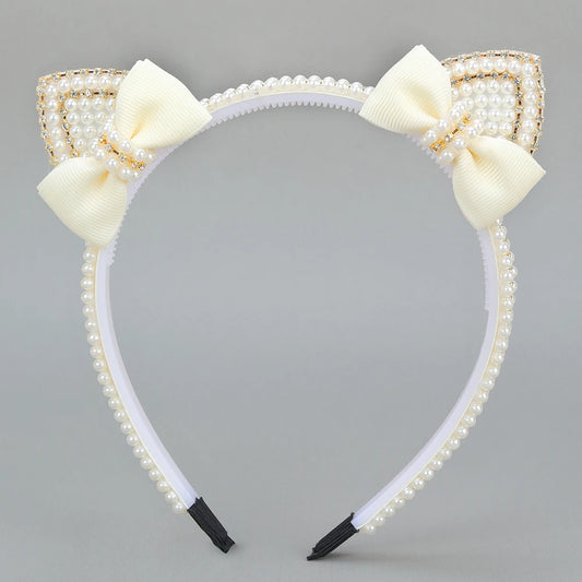 Cat Ear Headbands Sweet Cute Ears Elegant Pearl Bow Hairband For Girls Sweet Head Band Children Kid Hair Hoop Accessories Tiara - ZOOMNSTORE