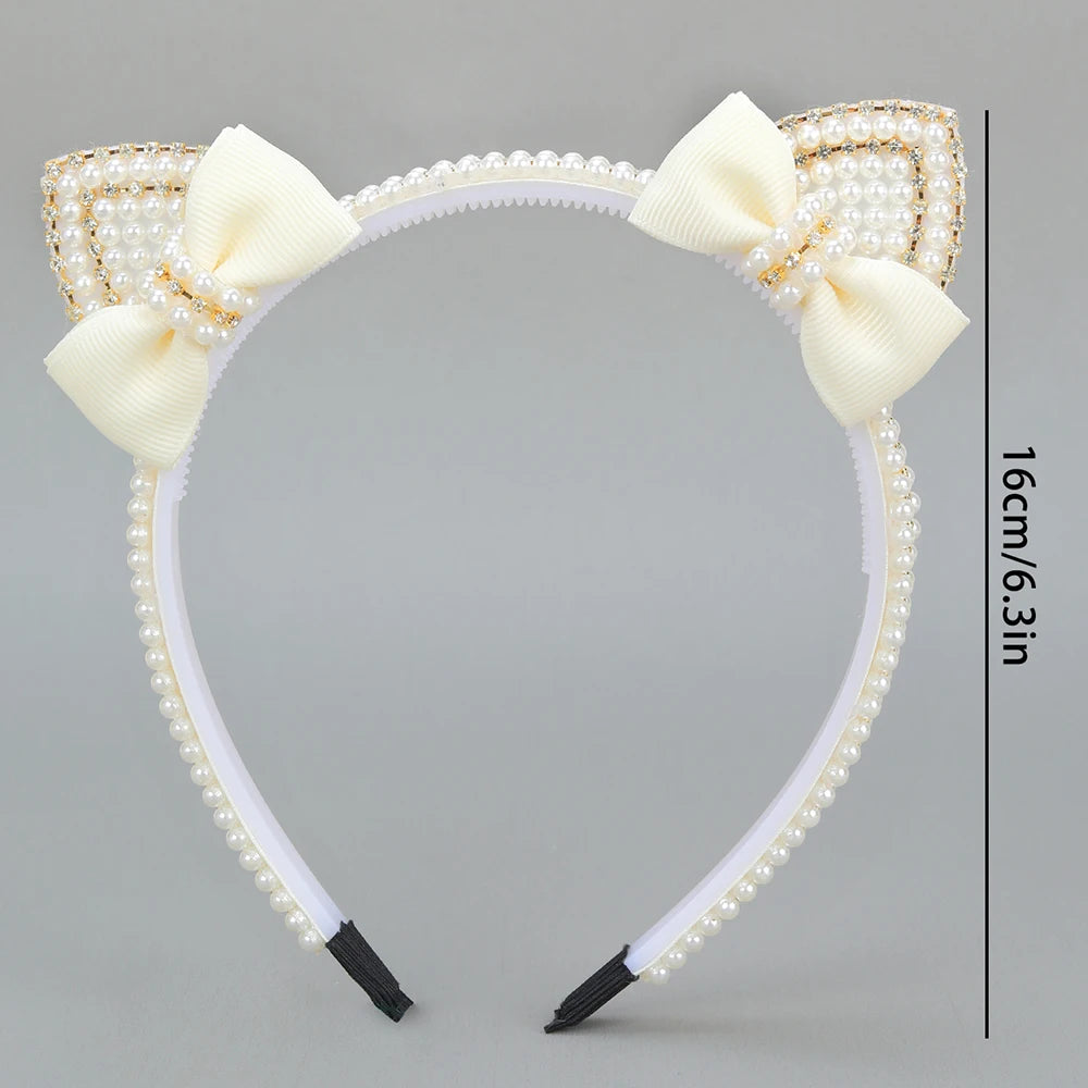 Cat Ear Headbands Sweet Cute Ears Elegant Pearl Bow Hairband For Girls Sweet Head Band Children Kid Hair Hoop Accessories Tiara - ZOOMNSTORE