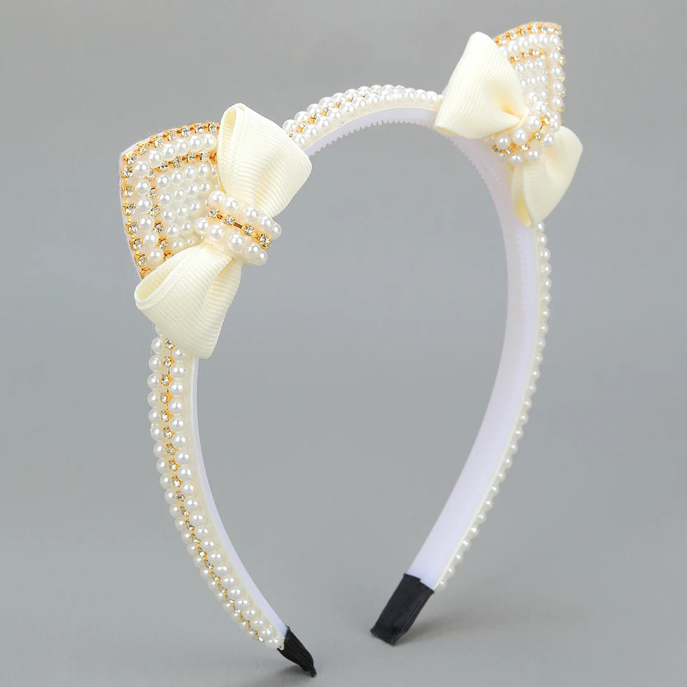 Cat Ear Headbands Sweet Cute Ears Elegant Pearl Bow Hairband For Girls Sweet Head Band Children Kid Hair Hoop Accessories Tiara - ZOOMNSTORE