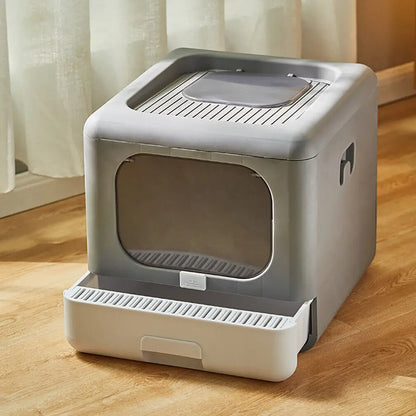 Enclosed Cat Litter Box with Scoop - Foldable Sifting Toilet for Kittens - ZOOMNSTORE