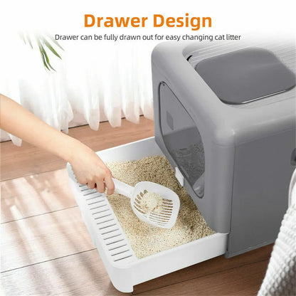 Enclosed Cat Litter Box with Scoop - Foldable Sifting Toilet for Kittens - ZOOMNSTORE