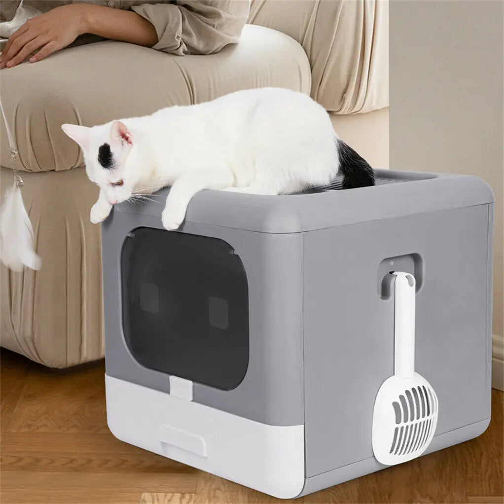 Enclosed Cat Litter Box with Scoop - Foldable Sifting Toilet for Kittens - ZOOMNSTORE