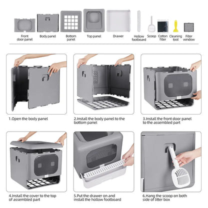 Enclosed Cat Litter Box with Scoop - Foldable Sifting Toilet for Kittens - ZOOMNSTORE
