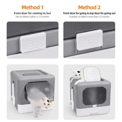 Enclosed Cat Litter Box with Scoop - Foldable Sifting Toilet for Kittens - ZOOMNSTORE