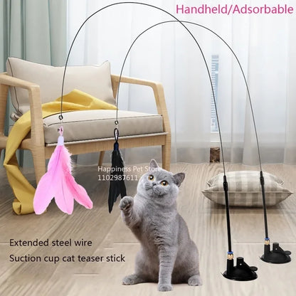 Cat Teaser Stick with Bell - Durable Suction Cup Toy with Replaceable Feather Head - ZOOMNSTORE