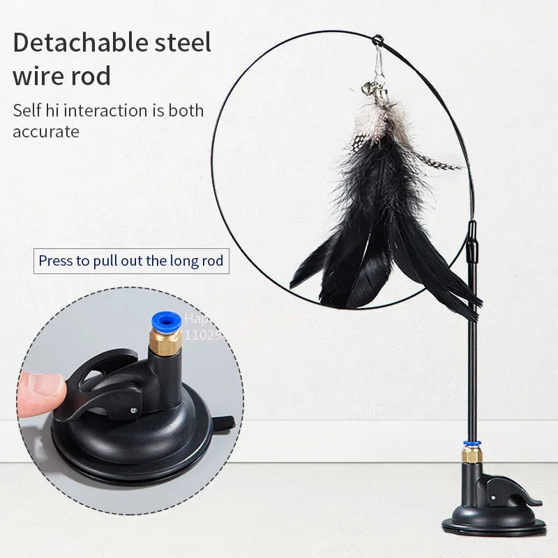 Cat Teaser Stick with Bell - Durable Suction Cup Toy with Replaceable Feather Head - ZOOMNSTORE