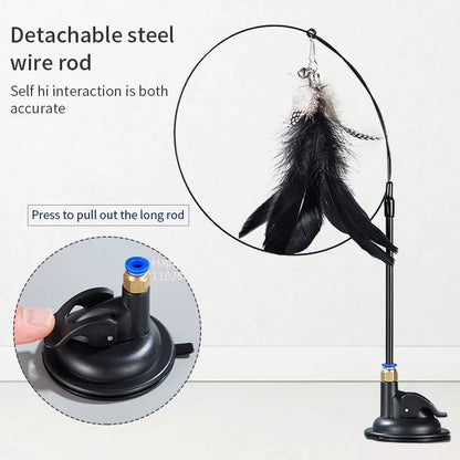 Cat Teaser Stick with Bell - Durable Suction Cup Toy with Replaceable Feather Head - ZOOMNSTORE