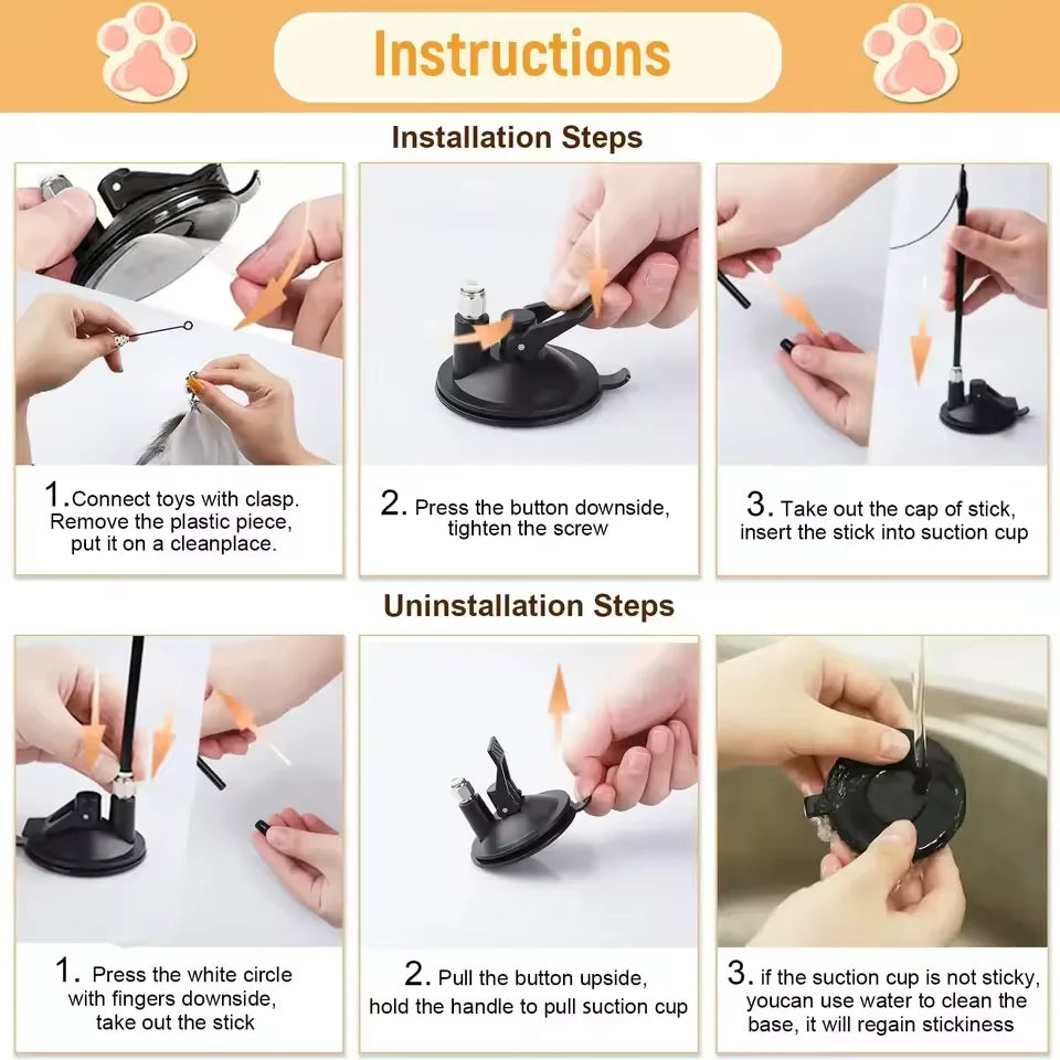 Cat Teaser Stick with Bell - Durable Suction Cup Toy with Replaceable Feather Head - ZOOMNSTORE