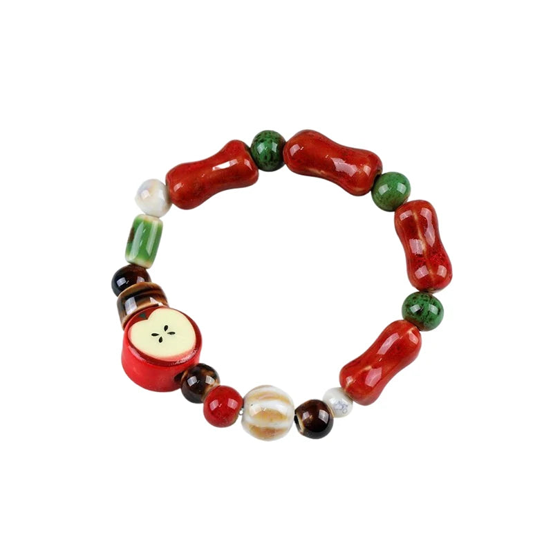 Handmade Ceramic Apple Bracelet - Adjustable Woven Cord with Cartoon Beads for Women - ZOOMNSTORE