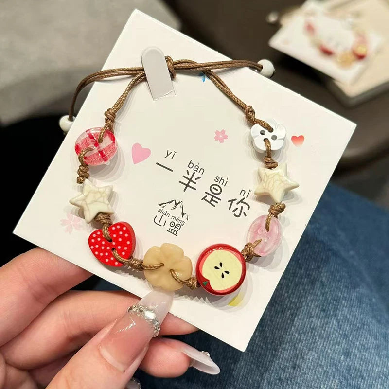 Handmade Ceramic Apple Bracelet - Adjustable Woven Cord with Cartoon Beads for Women - ZOOMNSTORE