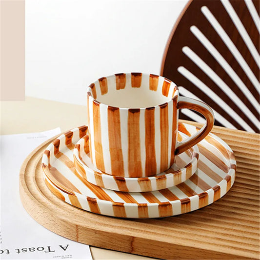 Ceramic Coffee Cup Set - Minimalist Striped Hand Drawn Design, 280ml Eco Friendly - ZOOMNSTORE