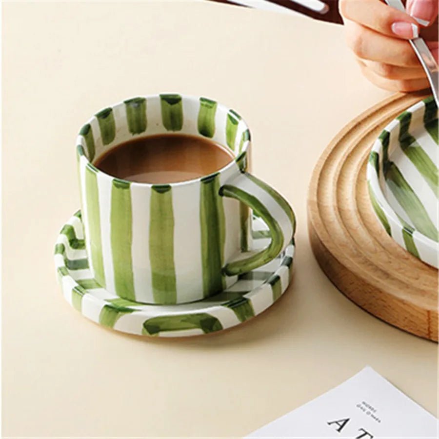 Ceramic Coffee Cup Set - Minimalist Striped Hand Drawn Design, 280ml Eco Friendly - ZOOMNSTORE