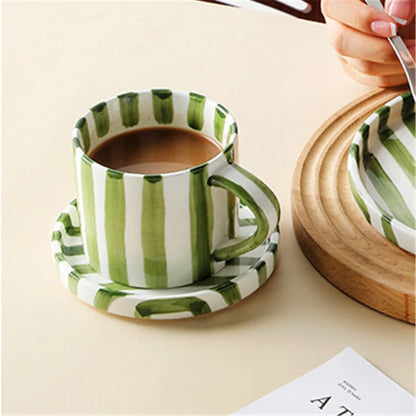 Ceramic Coffee Cup Set - Minimalist Striped Hand Drawn Design, 280ml Eco Friendly - ZOOMNSTORE